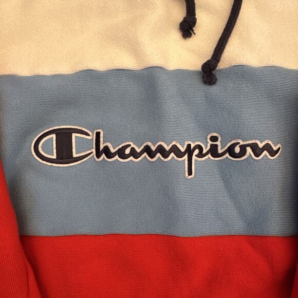 Champion Sweater Womens Medium Blue Red Reverse Weave Hooded Retro Split Sleeves - Picture 4 of 13